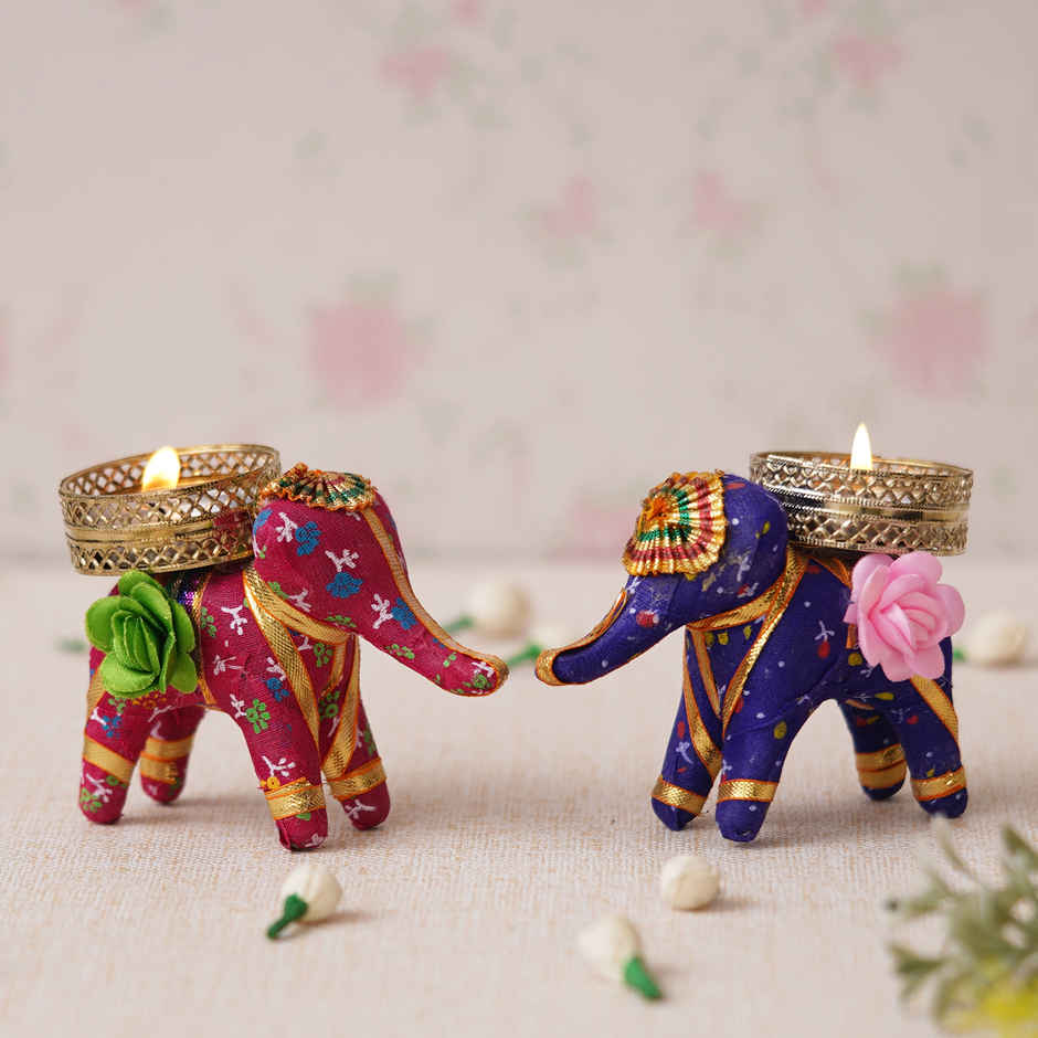 eCraftIndia Pink and Purple Elephant Decorative Tea Light Candle Holders | Set of 2