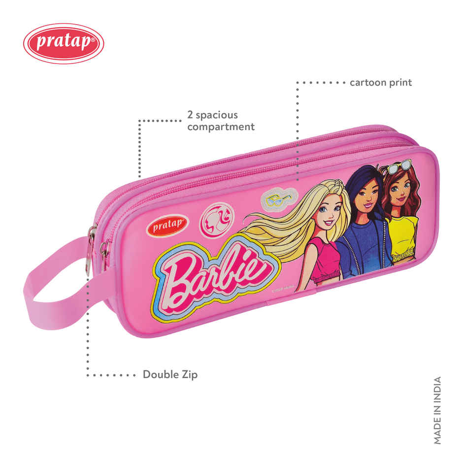 PRATAP Double Zip Pvc Single Side Printed Pouch | Pink, Barbie