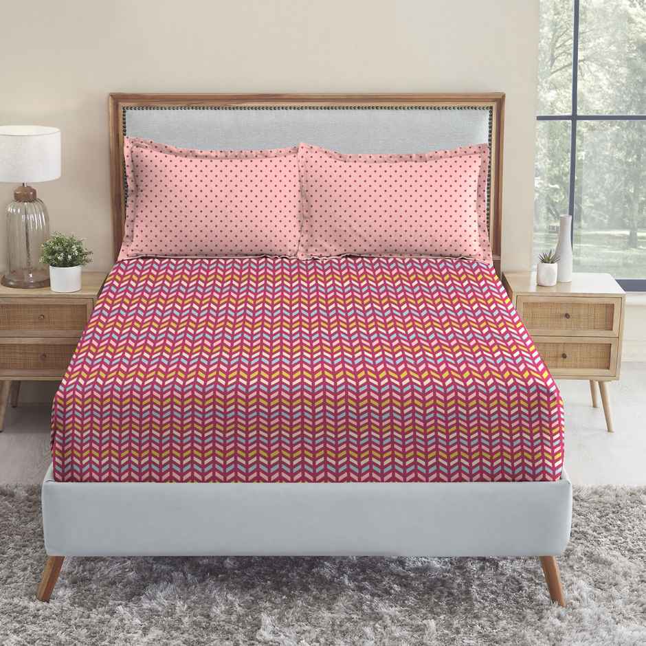 Mytrident Bedsheet Set | Queen Size Double Bed sheet set | 100% Cotton - Party Mood Pink