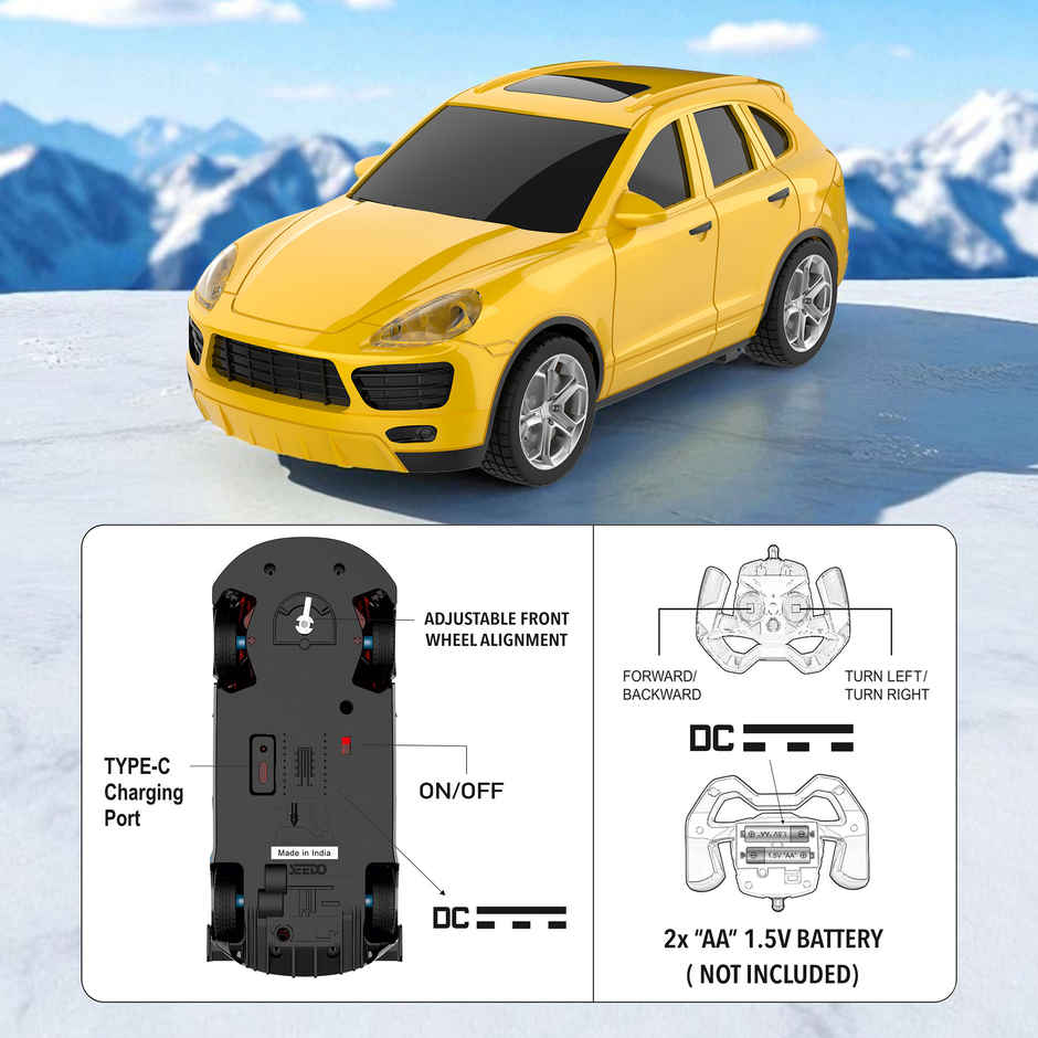 SEEDO Remote Control Car 1:24, 27 MHz, Type-C Rechargeable, Fast Speed Spectre Car | Yellow