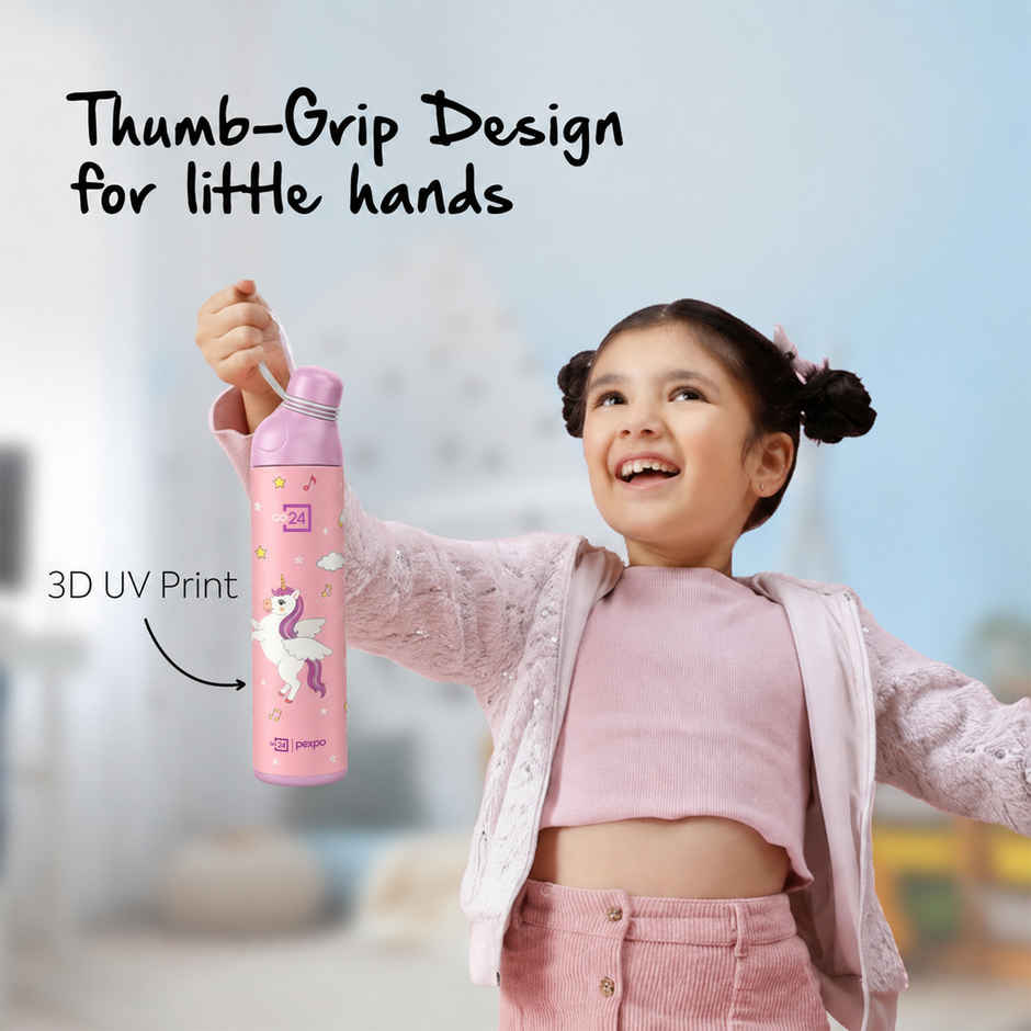 Go24 | Pexpo Stainless Steel Pico Cute Sipper Hot & Cold Water Bottle | Unicorn UV Printed | Pink | 500 ml