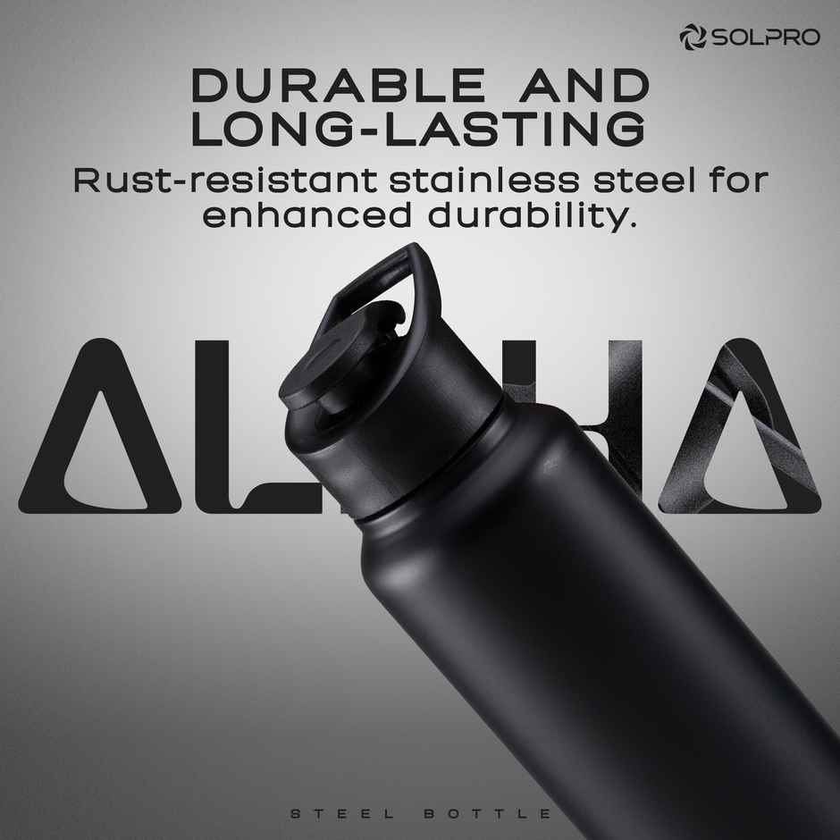 Solpro Alpha Stainless Steel Water Bottle | Gym Bottle | Odor & Bpa Free | 1 L | Black