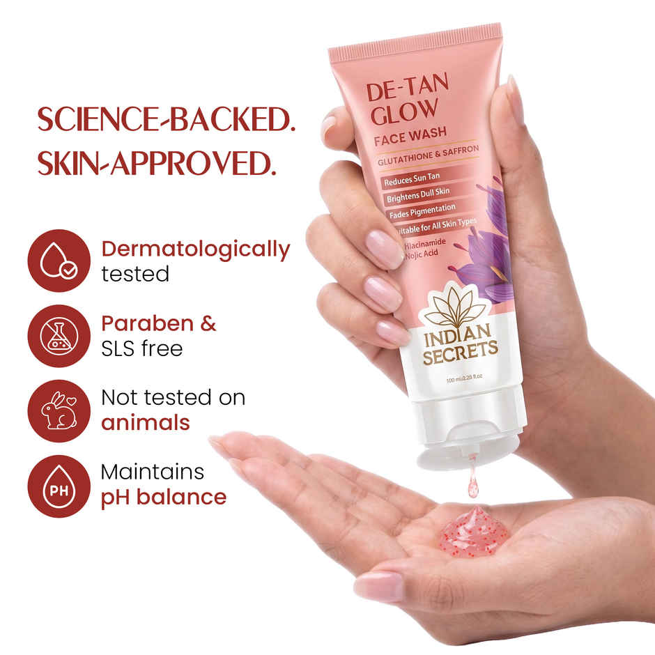 Indian Secrets De-Tan Glow Face Wash for Brightening Skin | Tan Removal | Kojic Acid, Saffron