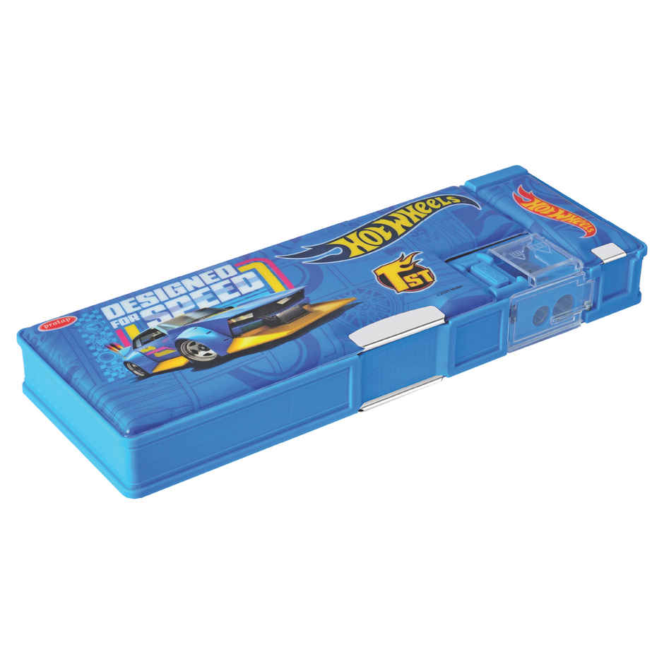 Pratap Maglock Big Dual Side Pencil Box With 2 Sharpener And One Side Compartment Blue Hot Wheels