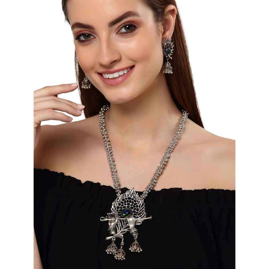Shining Diva Fashion Stylish Traditional Oxidised Silver Necklace Set for Women and Gilrs | 13165s