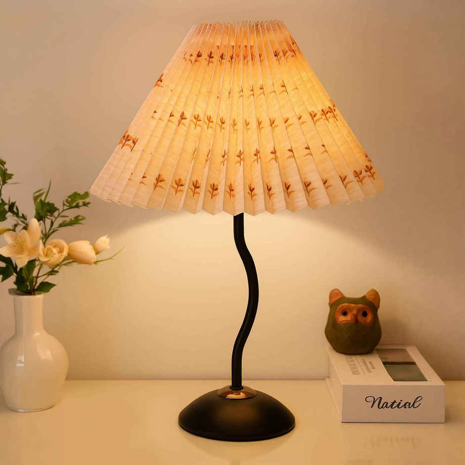 Homesake Matt Black Twister Metal Bedside Lamp | Floral Pleated Shade | Modern Table Light