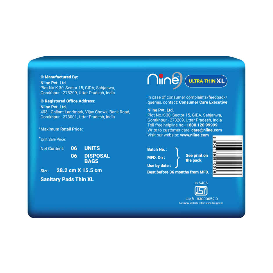 Niine Sanitary Napkins Ultra-Thin Naturally Soft - 282mm, | XL | 6 pcs