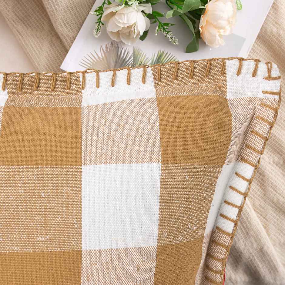 Lushomes Cotton Cushion Covers - Beige White Checks | Blanket Stitch | 24 x 24 inch