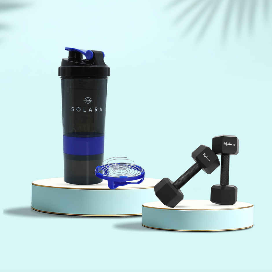 Solara 650 Ml Protein Shaker Bottle For Gym With Two Layer Extra Storage - Black & Blue (1pc) & Lifelong Pvc Hex Dumbbells 2Kg (1Kg X 2) For Home Gym Equipment Fitness Barbell (Pack Of 2) (1pc) Combo