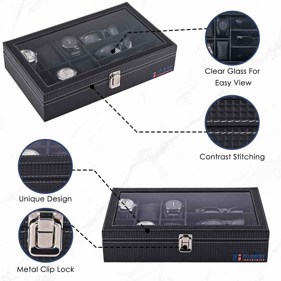 Kuber Industries Premium Faux Leather 6+3 Slots Watch Organizer | Sunglasses& Watch Storage | Black