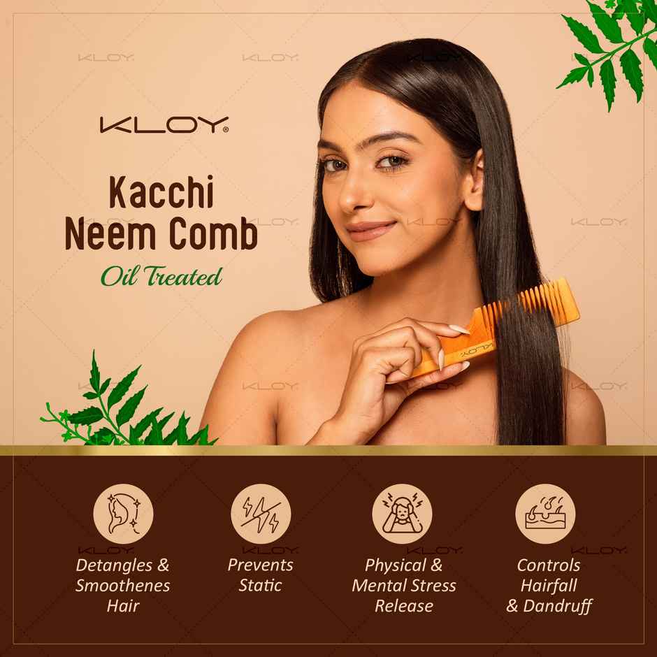 Kloy Kacchi Neem Comb, Wooden Comb For Men, Women Treated With Neem Oil, Bhringraj With Handle