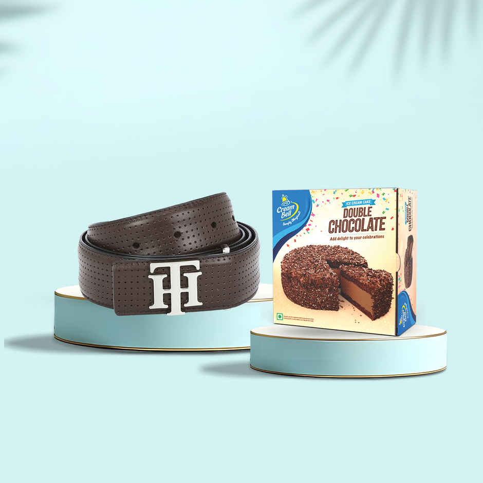 Cream Bell Double Chocolate Ice Cream Cake (500ml) & Tommy Hilfiger Men'S Leather Belt | Brown - 40 Inches (1pc) Combo