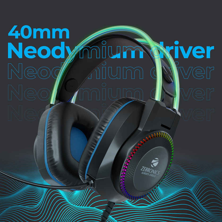 Zebronics Jet PRO Premium Wired Gaming On Ear Headphone with LED for Headband + earcups, 40mm Neodymium Drivers, 2 Meter Braided Cable, with mic, Suspension Design, 3.5mm + USB Connector - Black, Blue