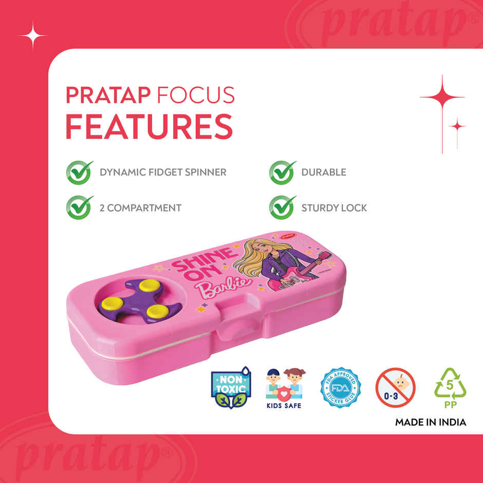 PRATAP Focus Pencil Box with Fidget Spinner Pencil Eraser Scale Sharpener Pink Barbie