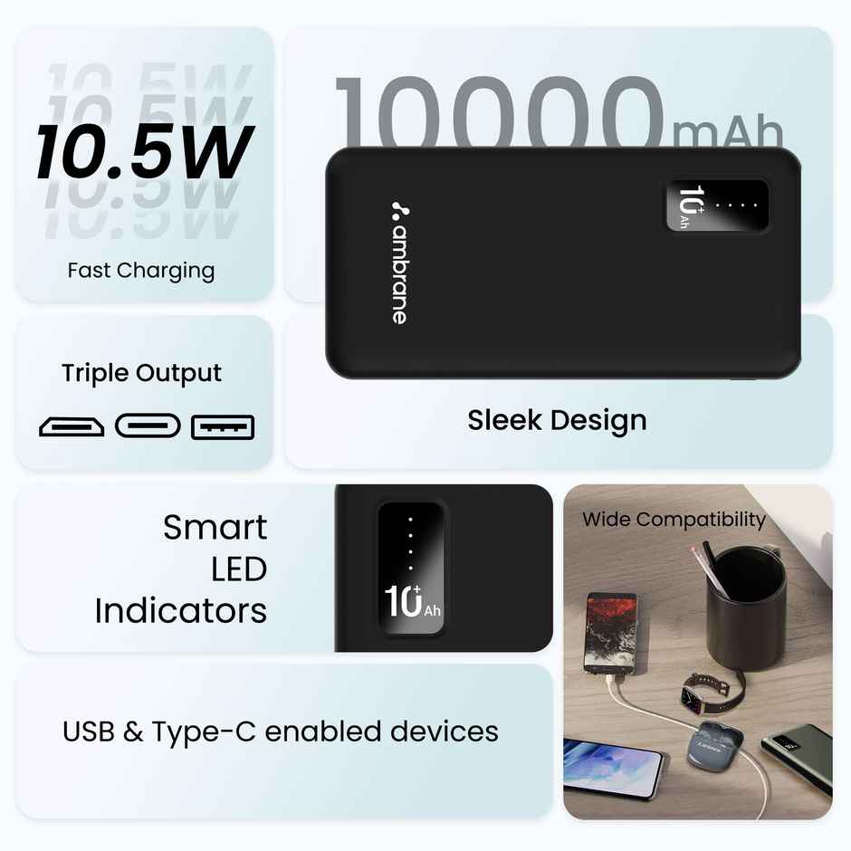 Ambrane 10000mAh Power Bank 10.5W Fast Charging Triple Outputs With USB-C Compact Powerbank | Black