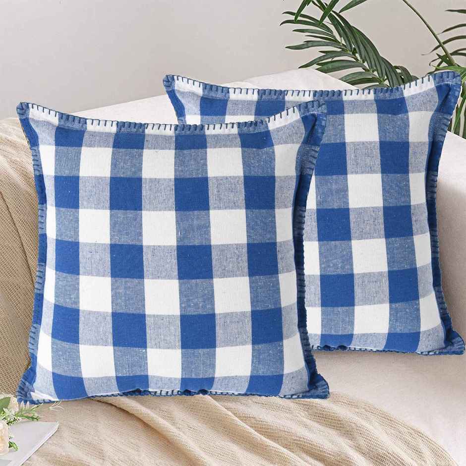 Lushomes Cotton Cushion Covers - Blue White Checks | Blanket Stitch | 20 x 20 inch
