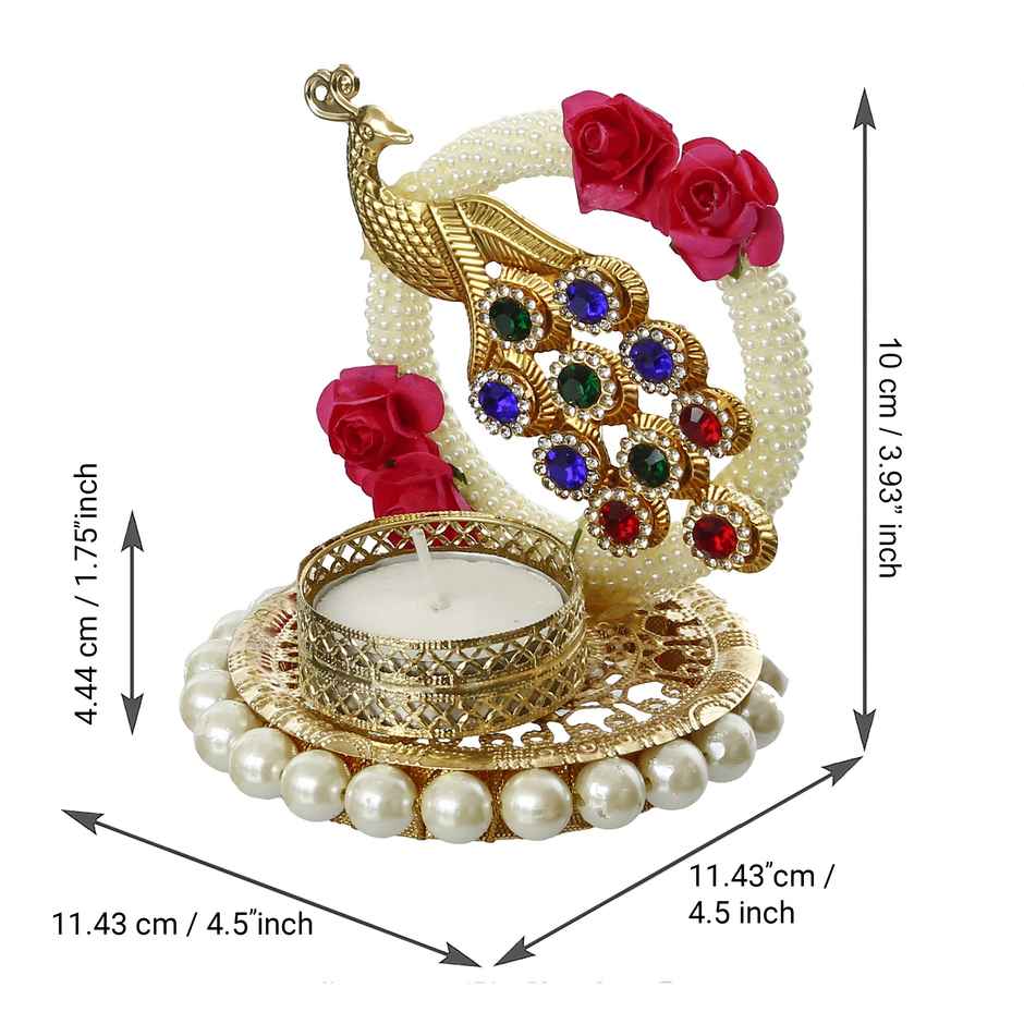 eCraftIndia Metal Peacock With Stones Handcrafted Tea Light Holder