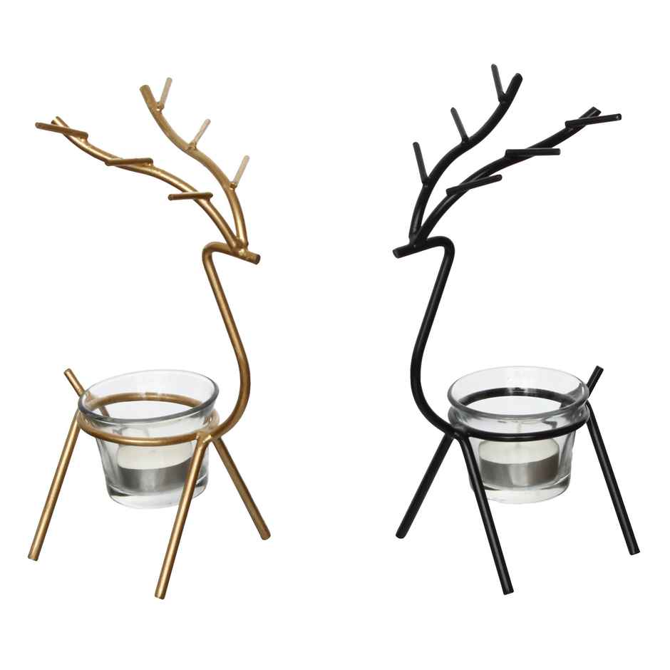 eCraftIndia Black and Golden Deer Shaped Metal Tea Light Candle Holders Set
