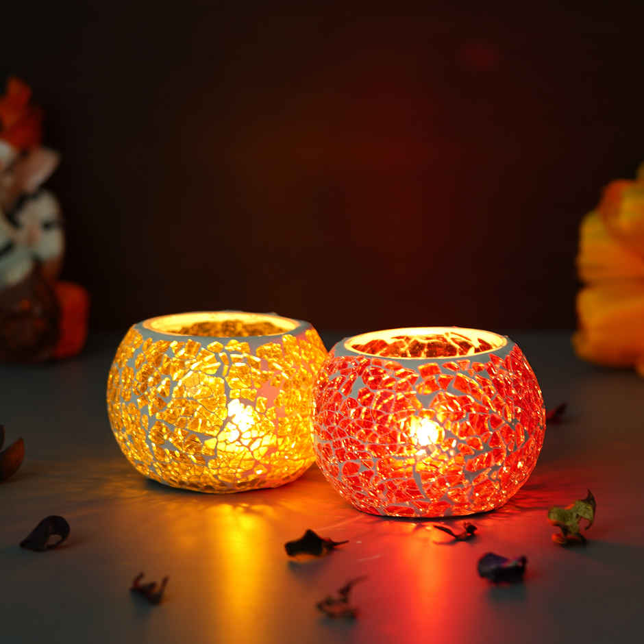 eCraftIndia Yellow & Red Set of 2 Mosiac Glass Decorative Tea Light Holder/diya