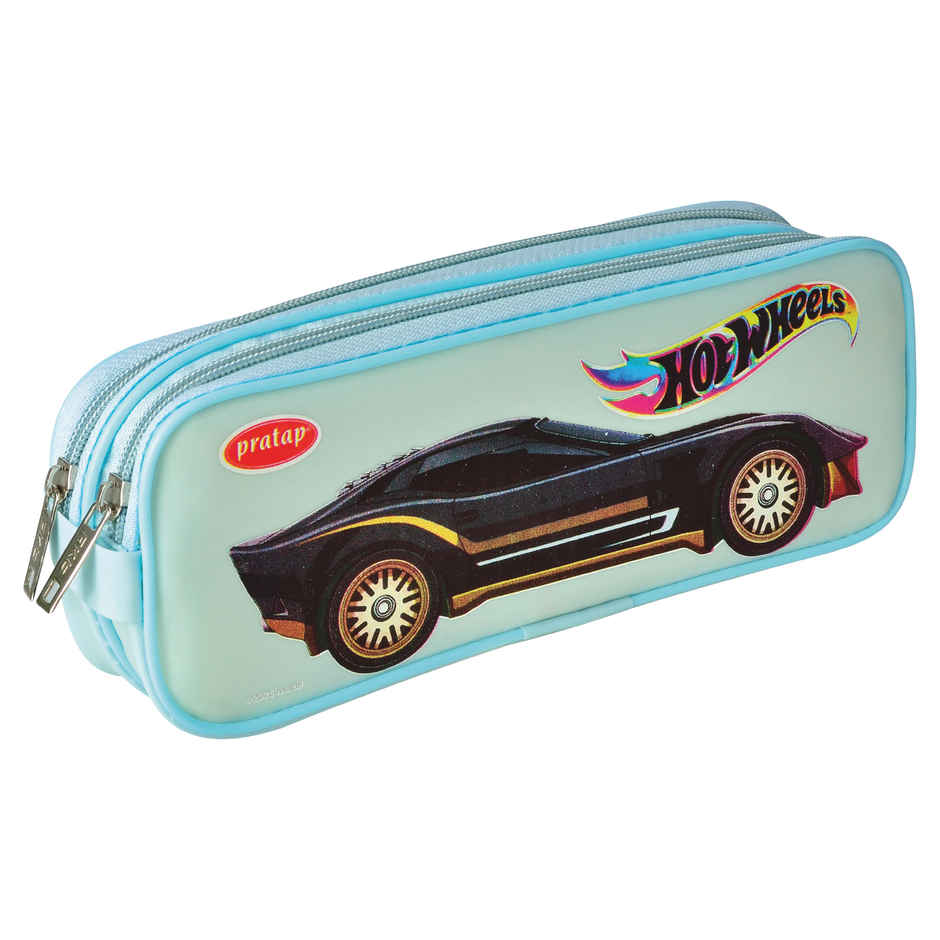 PRATAP Double Zip Pvc Single Side Printed Pouch | Blue, Hot Wheels