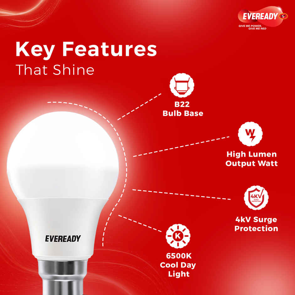 Eveready 9W LED Bulb, Cool Day Light | 6500K, B22 Base, 4kV Surge Protection, Long-Lasting Durability