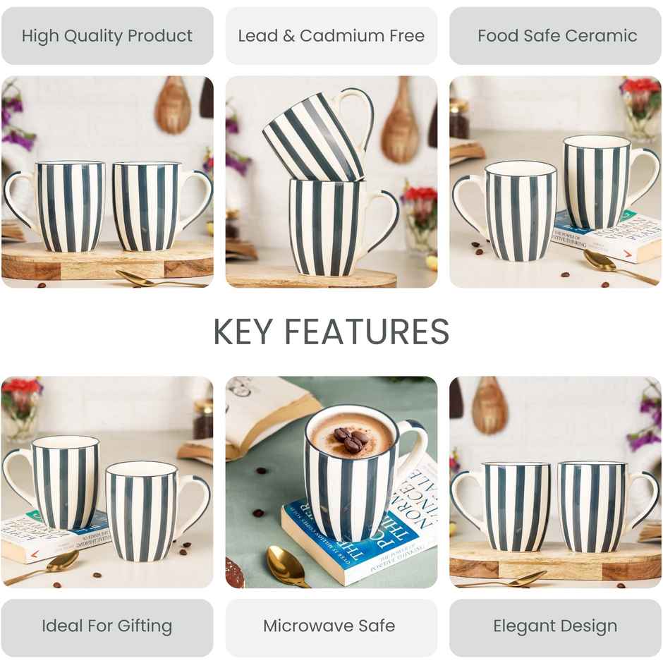 The Earth Store Grey Stripe Ceramic Coffee Mug | 400 ml Microwave and Dishwasher Safe
