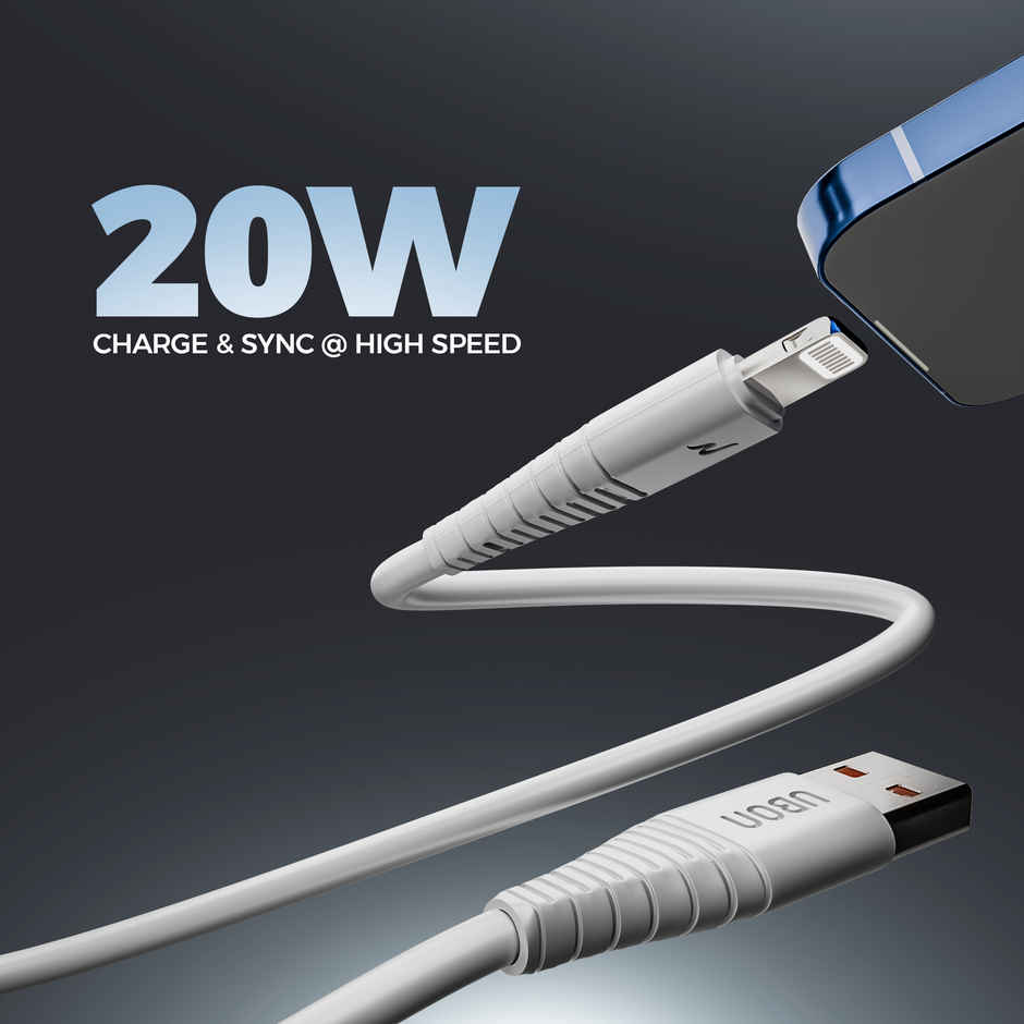 UBON 20W Fast Charging 1mtr USB to Ligthning Braided Cable, 50000+ Bend Test - White