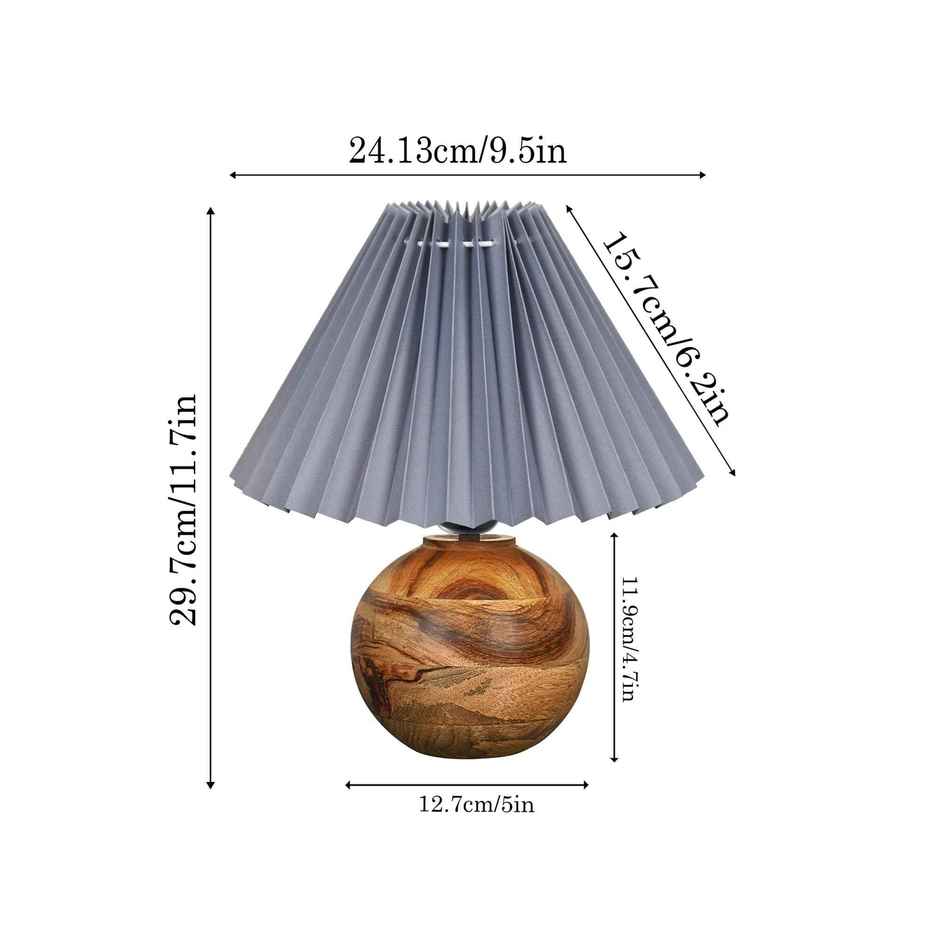 Homesake Rustic Round Wooden Table Lamp with Pleated Grey Shade | Nordic Bedside & Living Room Light