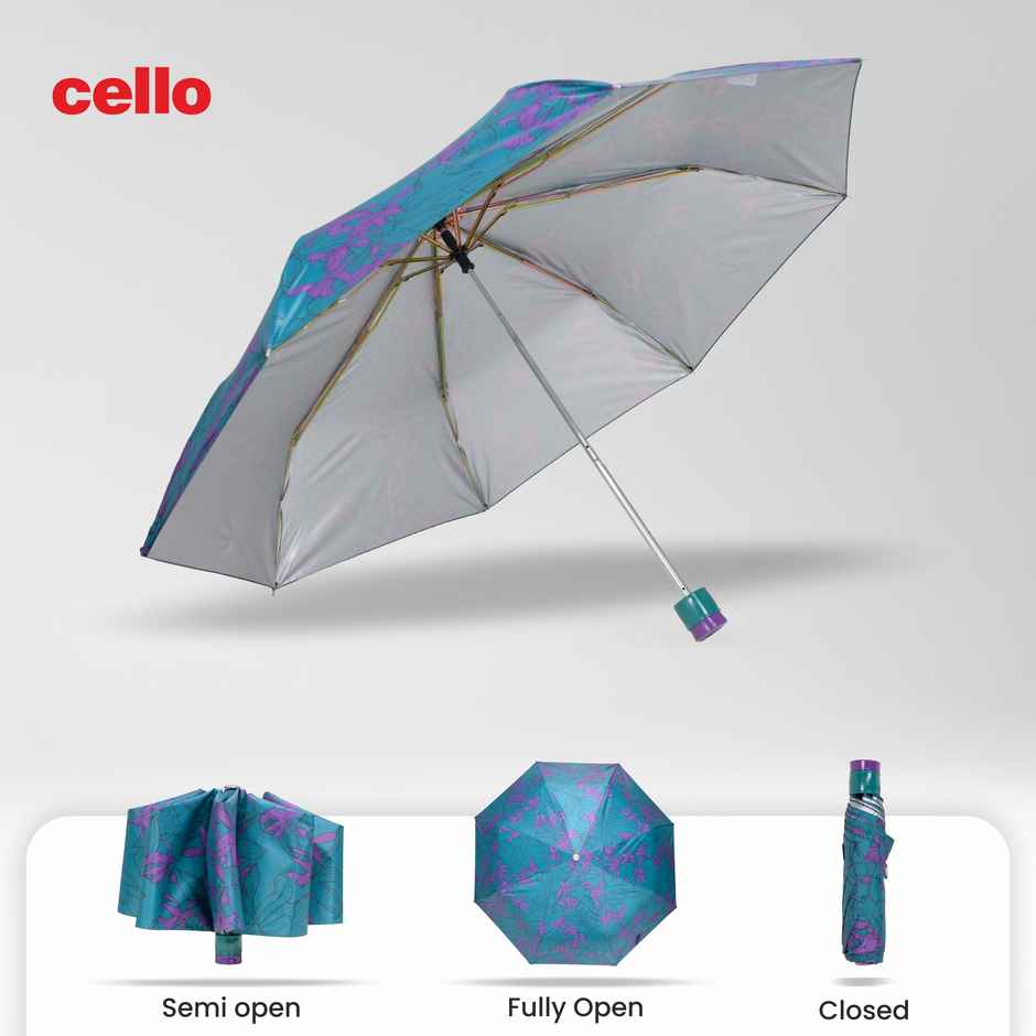 Cello Drizzle 21.5 Inch 3 fold Mix Print Silver Umbrella | Teal Green