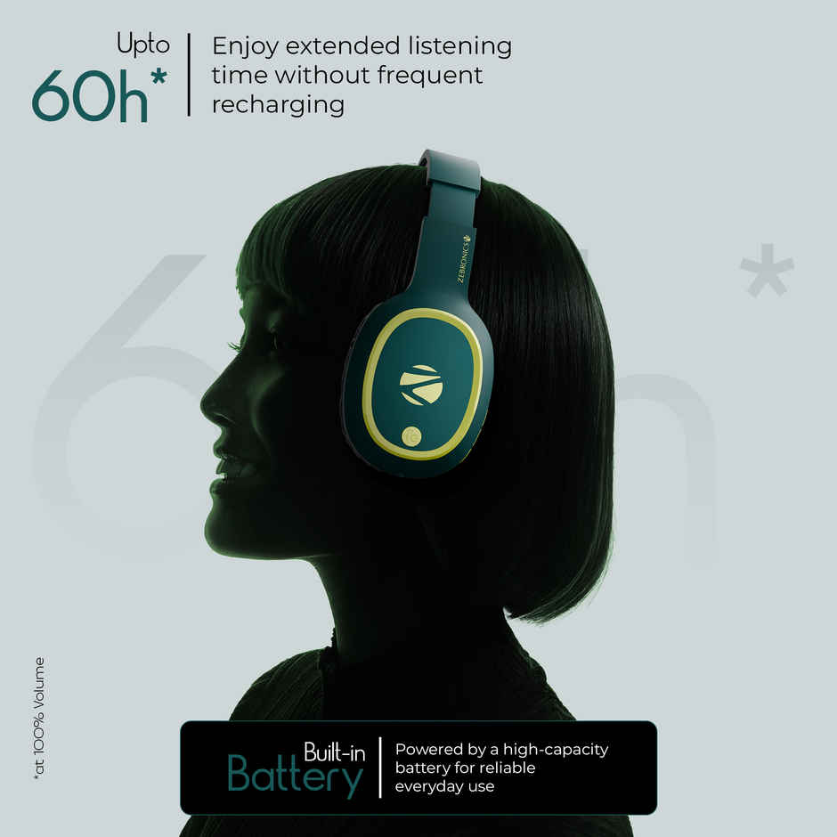 Zebronics Thunder BT 5.3 Headphone, 60H, Gaming Mode, Dual Pairing ENC, AUX, Voice Asst Teal Green
