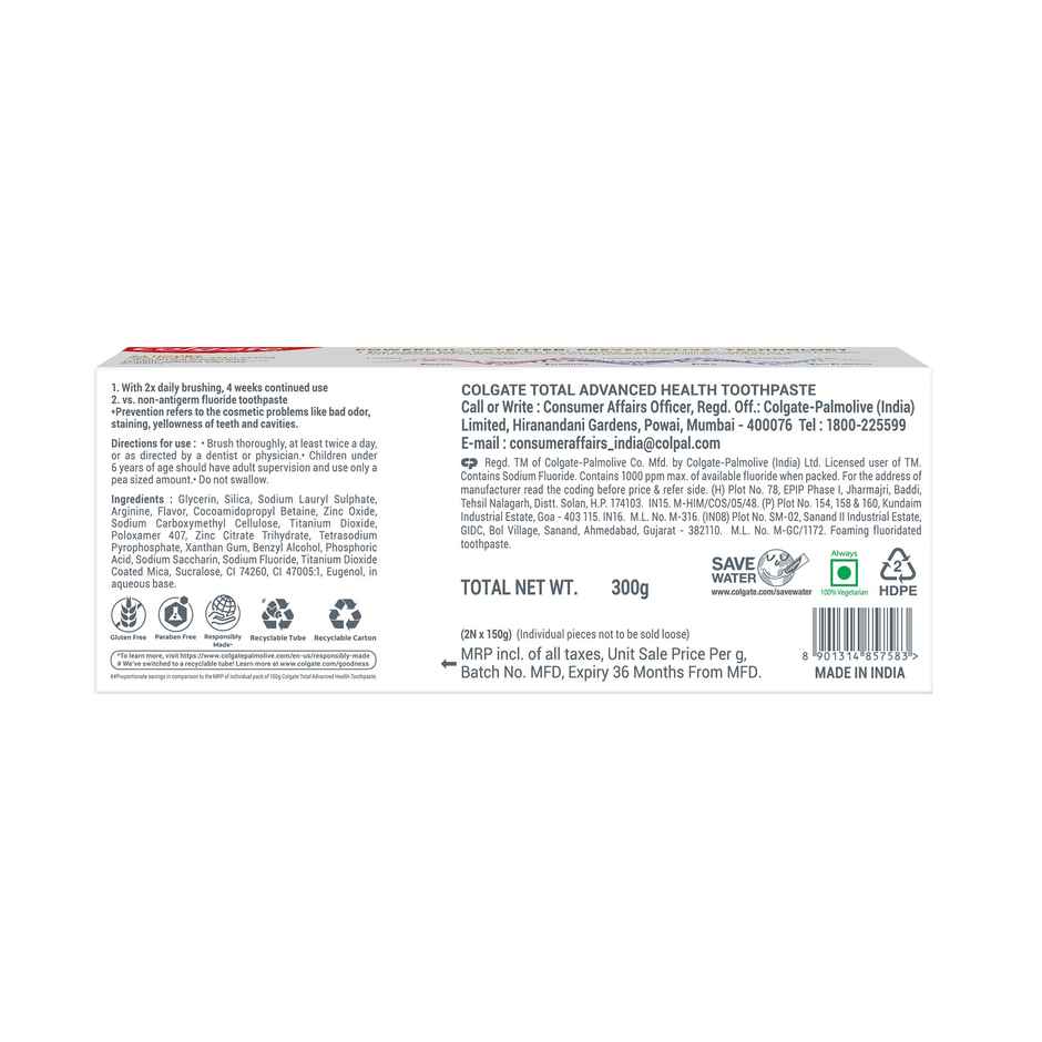 Colgate Total Advanced Health Antibacterial Toothpaste, Whole Mouth Health (Combo Pack)