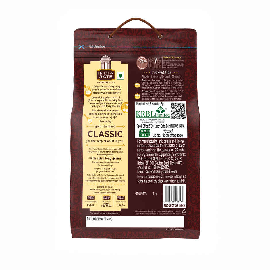 India Gate Gold Standard Classic Basmati Rice | 2 Years Aged | Extra Long Grains