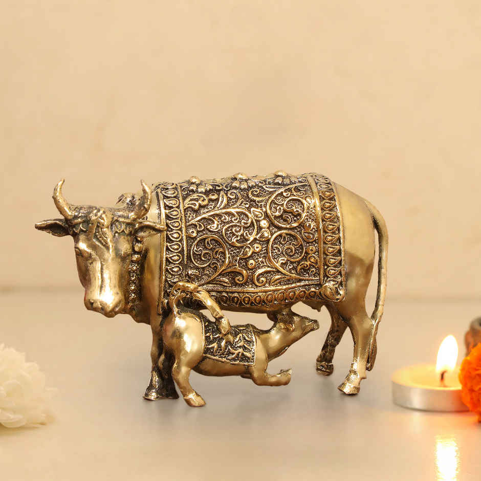 Intricate Brass Kamdhenu Cow/ Calf Murti | 1.5 Inches | Aksharveda