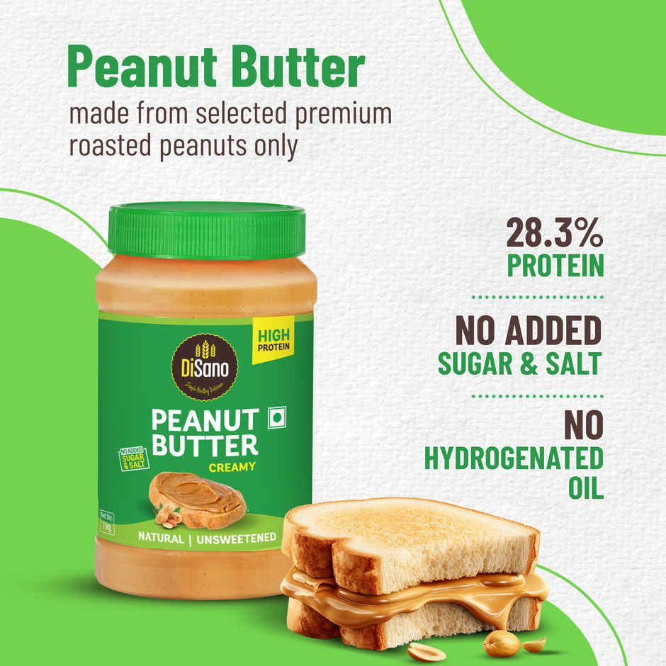 DiSano Natural Peanut Butter - Creamy, Unsweetened, 28.3% Protein, No Added Sugar,Pure Peanut