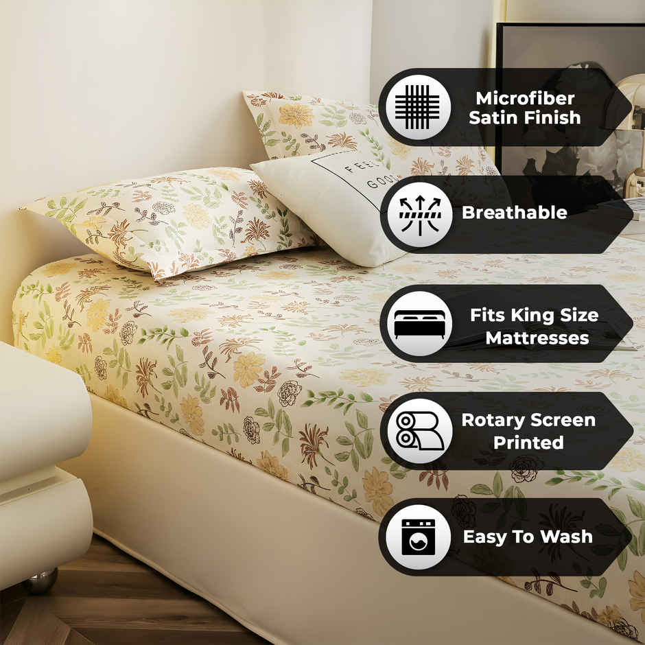 Story@Home Cotton Blend King Fitted 210 TC Floral Bedsheet with 2 Pillow Covers | Off White & Yellow