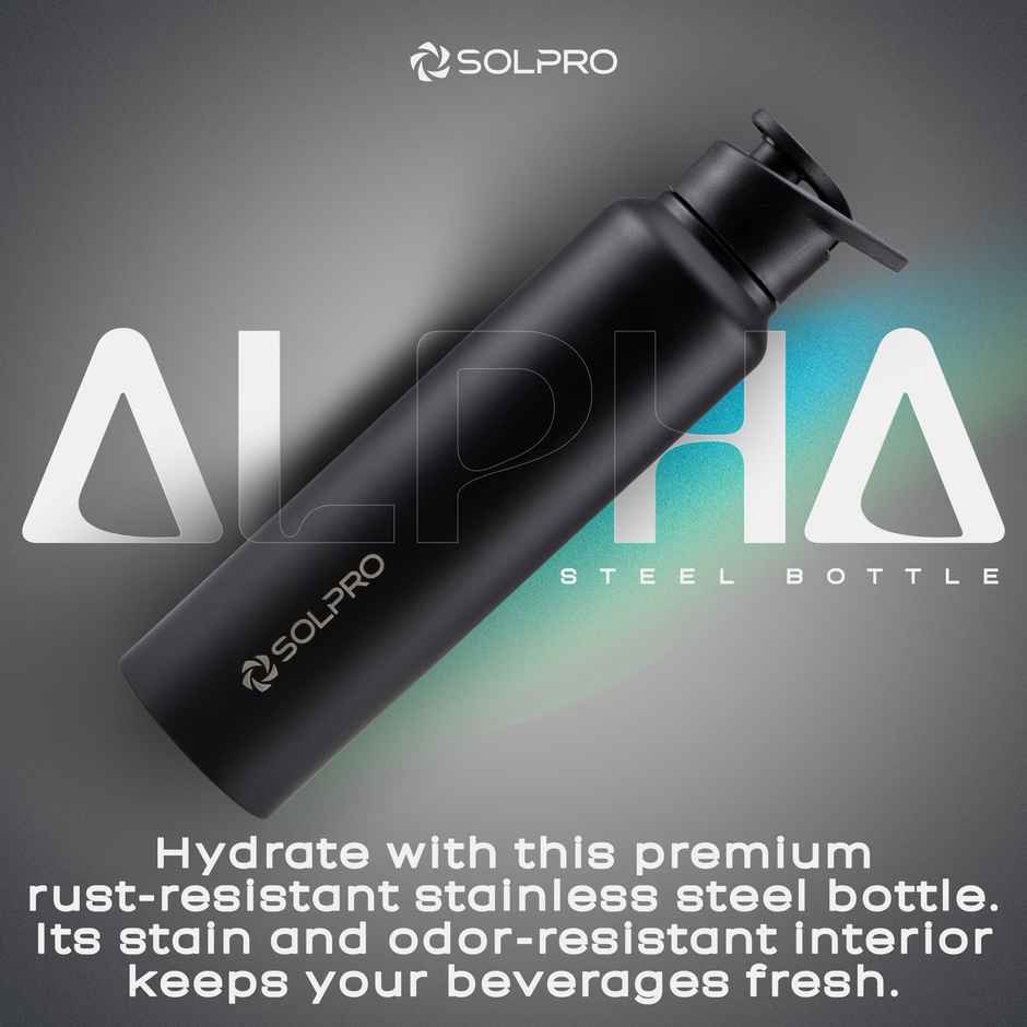 Solpro Alpha Stainless Steel Water Bottle | Gym Bottle | Odor & Bpa Free | 1 L | Black