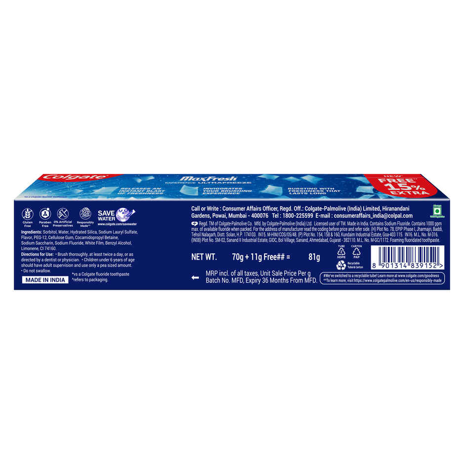 Colgate MaxFresh Toothpaste Blue Gel with Menthol for Super Fresh Breath Peppermint Ice