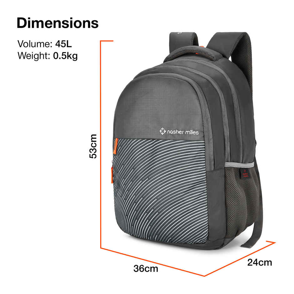 Nasher Miles Wave Backpack- Unisex- 3 Compartment Casual College Bag- Grey- 45L