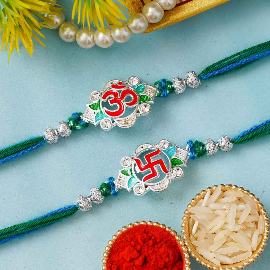 Swastika Om Religious Rakhi with Roli Chawal Rakhi for Brother Bhaiya Bhai | Pack of 2 | Ecraftindia