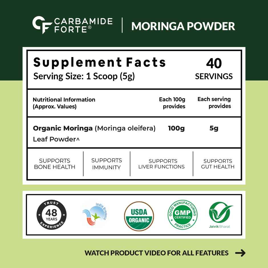 Carbamide Forte 100% Organic Moringa Powder - Moringa Oleifera USDA Certified Moringa Leaves Powder