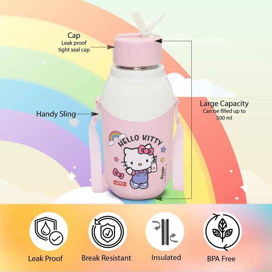 Jaypee Binny Pro SS Inner Insulated Bottle Hello Kitty Sipper Water Bottle For Kids, 420ml Pink