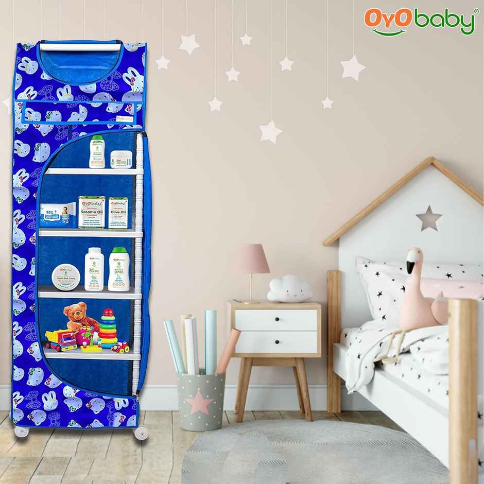 Oyo Baby Multipurpose 6 Shelves Durable Foldable Almirah Cartoon Printed Cover Blue Wardrobe