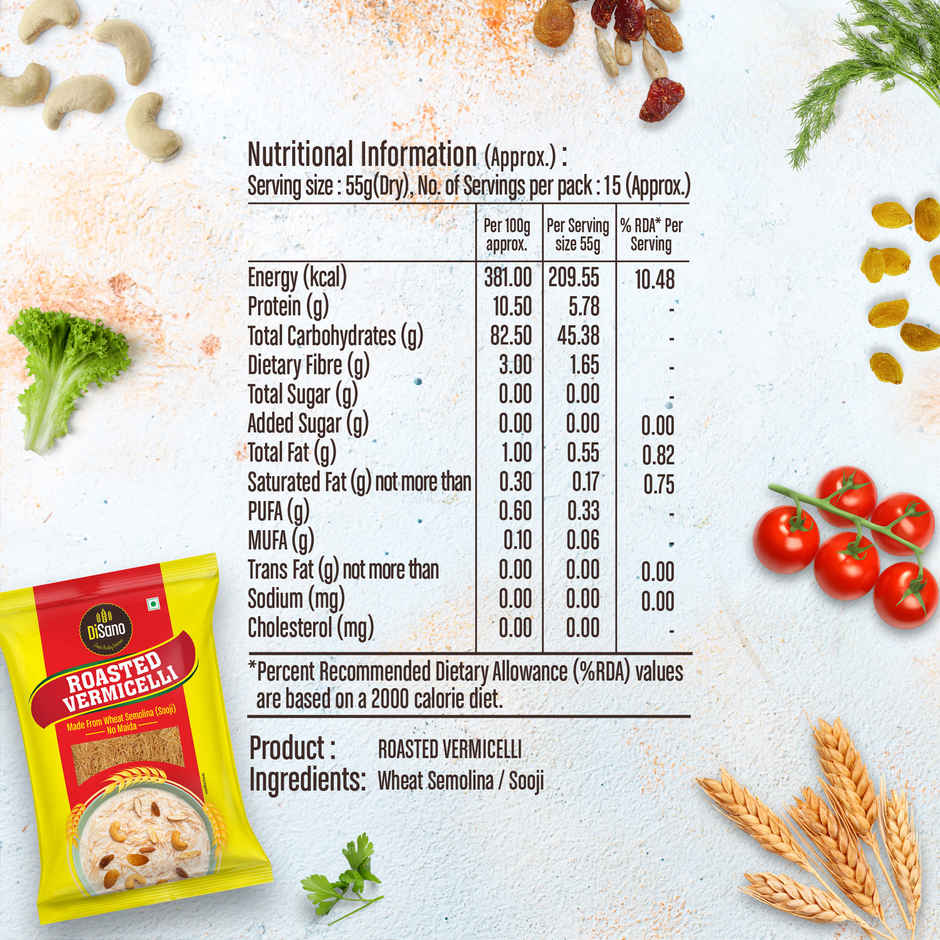 Disano Roasted Wheat Vermicelli | No Maida | Cholesterol Free | Unflavored