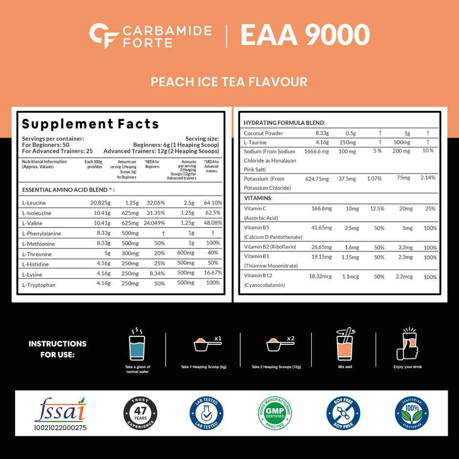 Carbamide Forte EAA Supplement with BCAA 5000Mg -Peach Iced Tea Flavour - 50 Servings - Powder