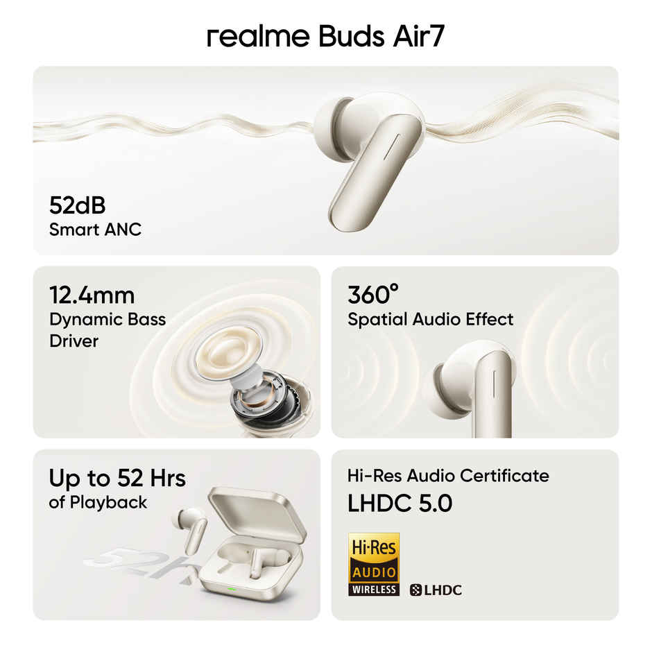 realme Buds Air 7 | 12.4mm Bass, 52H Playtime, 52dB ANC, 6 Mic ENC, Low Latency | Ivory Gold