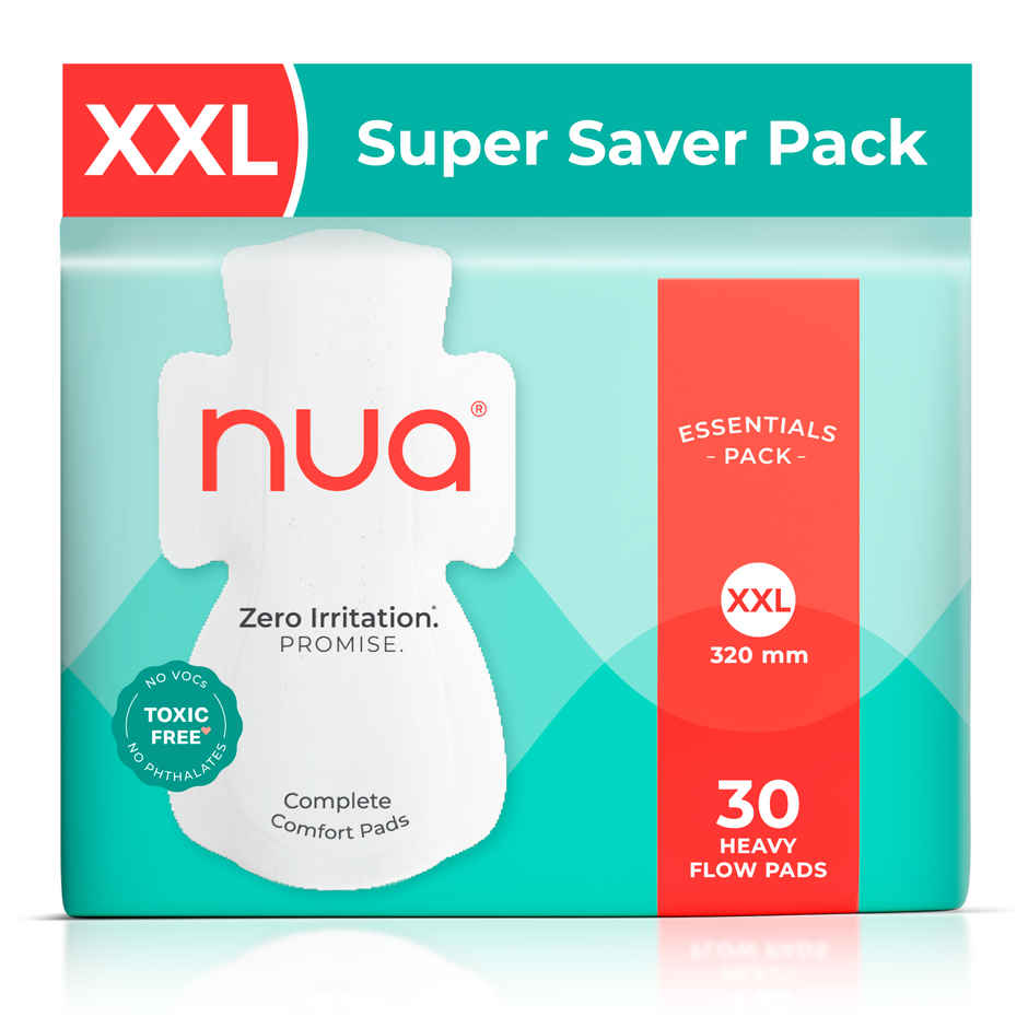 Nua Complete Comfort Sanitary Pads For Heavy Flow| 30 Xl+ (30pc) & Nua Cramp Comfort Heat Patches For Period Pain (3pc) Combo