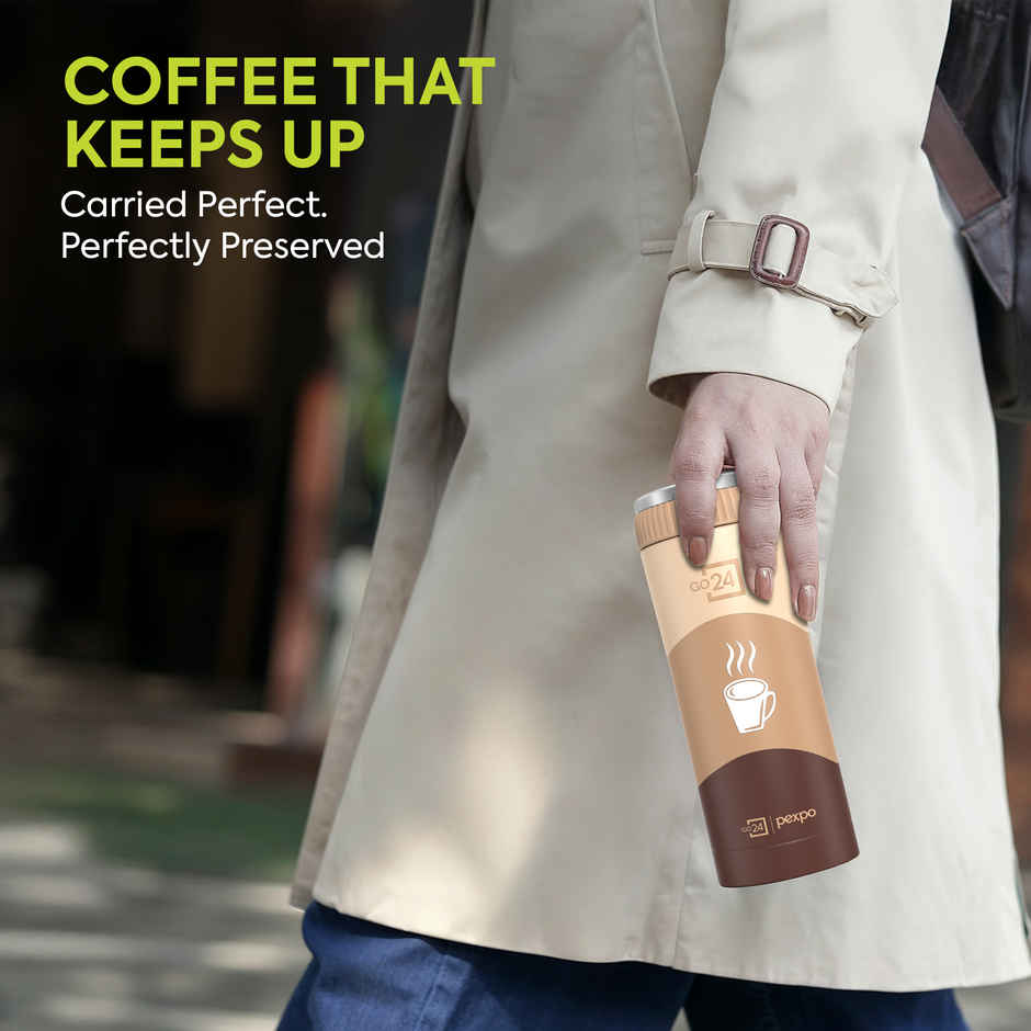 Go24 | Pexpo Vacuum Insulated UV Bottle, Stainless Steel Hot & Cold Flask | Brown