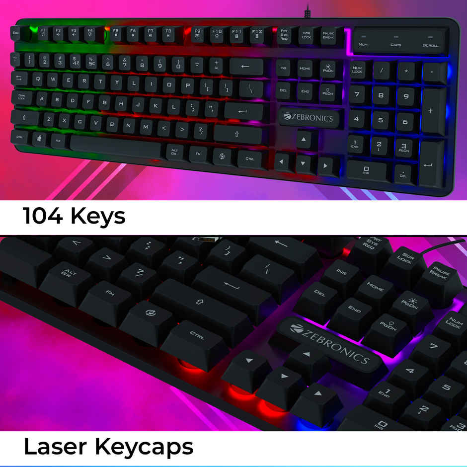 ZEBRONICS Transformer K1 Premium Gaming Keyboard with 104 Keys, 1.7m Cable, Laser Keycaps, Multi Color LED Modes, Integrated Multimedia Keys, All Keys Enable/Disable Function 