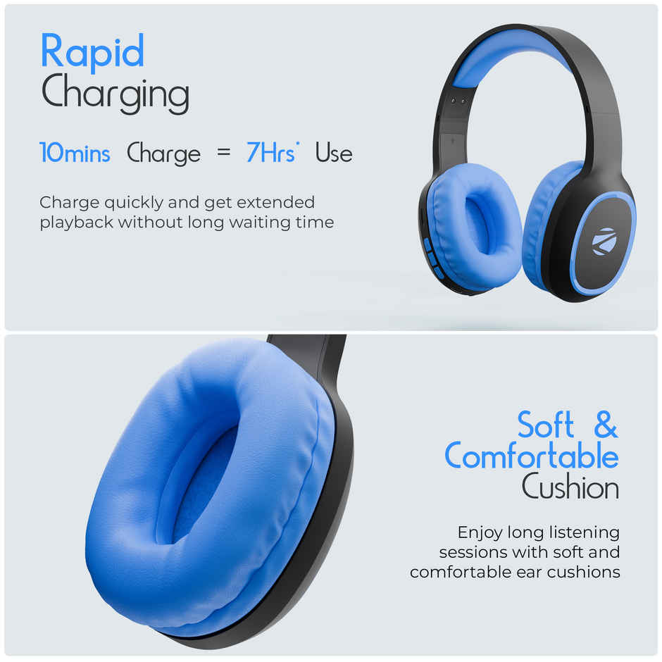 Zebronics Thunder BT 5.3 Headphone, 60H, Gaming Mode, Dual Pairing, ENC, AUX, mSD, Voice Asst(Blue)