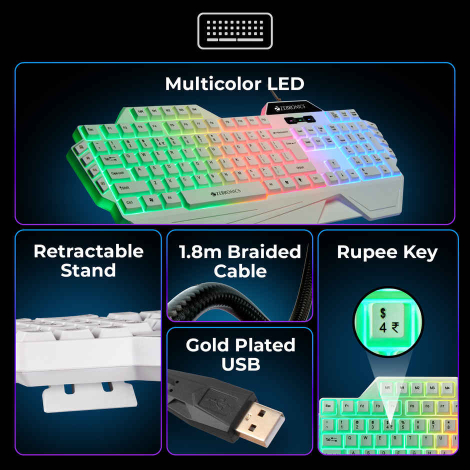 Zebronics Optimus Gaming Combo, Upto 3600 Dpi, 6 Buttons, High Res Sensor, Multicolor Led (White)